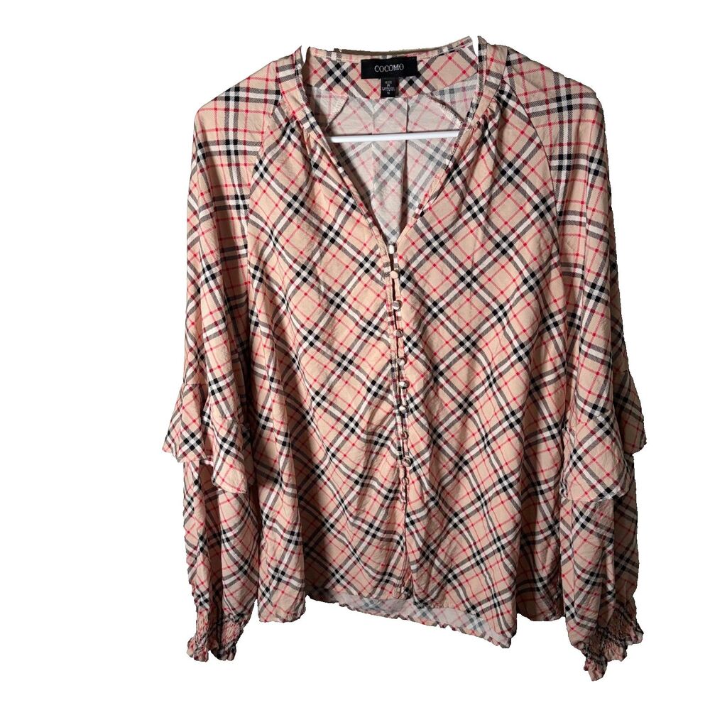 Cocomo Blouse Women's Medium Button Up Long Sleeve Ruffle Plaid Top